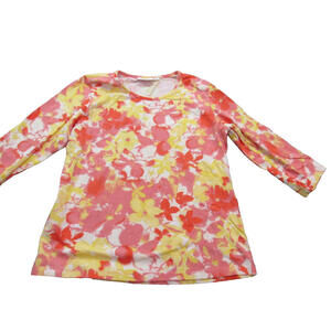Denim & Co Shirt‎ Womens Medium Pink Yellow Floral 3/4 Sleeve Stretch Cotton Top